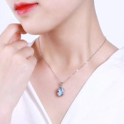 Unique 925 Sterling Silver Necklace Aquamarine Gemstone Pendant Necklaces with Chain for Women Vintage Floral Swan Filigree