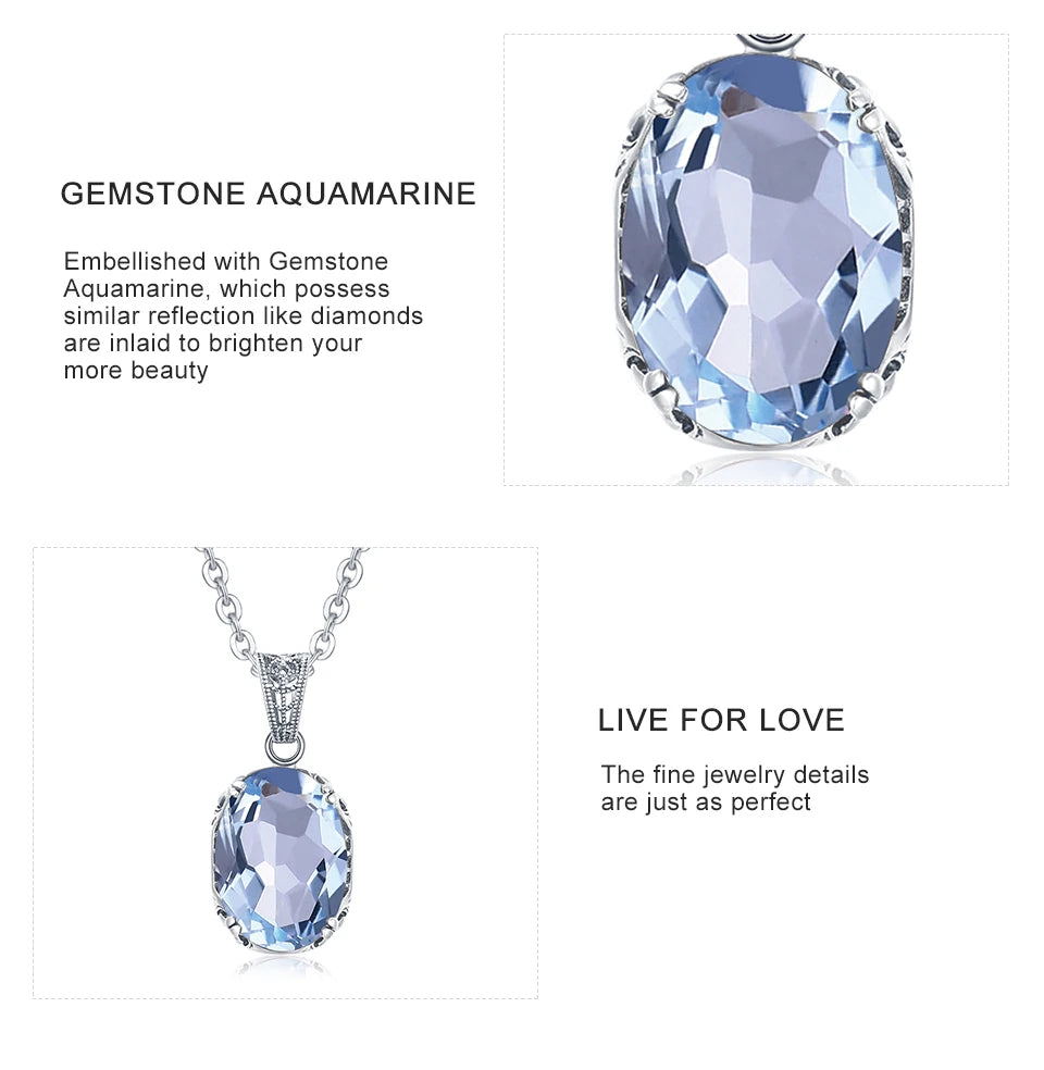 Unique 925 Sterling Silver Necklace Aquamarine Gemstone Pendant Necklaces with Chain for Women Vintage Floral Swan Filigree