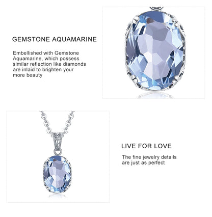 Unique 925 Sterling Silver Necklace Aquamarine Gemstone Pendant Necklaces with Chain for Women Vintage Floral Swan Filigree