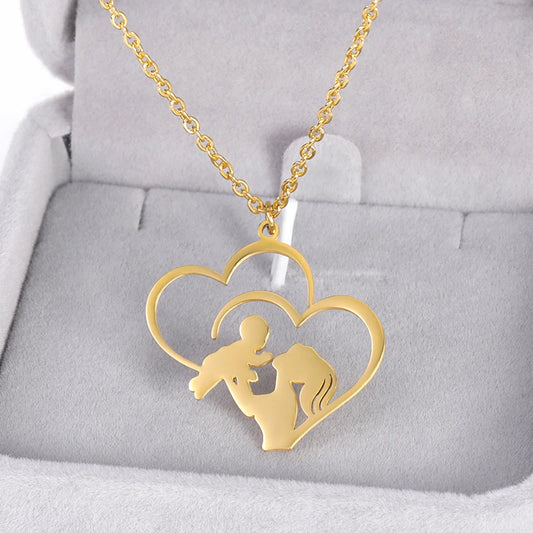 Mom 's Baby Stainless Steel Gold Color Chain Necklace For Women Double Love Heart Necklace Mother's Day Christmas Gift Jewelry
