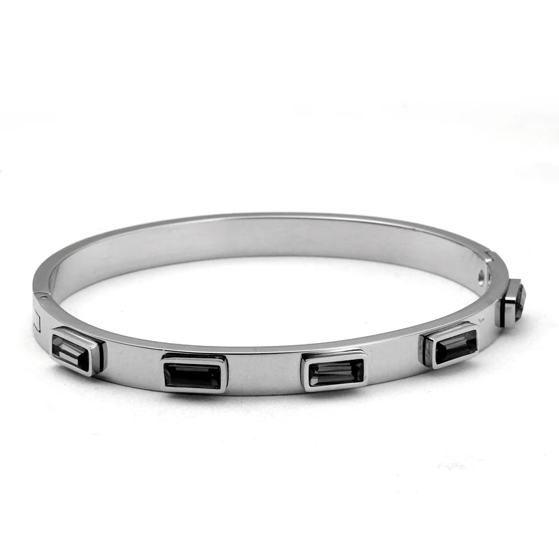Luxury Open Cuff Bangles Bracelets Crystal Zirconia Rose Gold Color Stainless Steel Bracelet for Women Men  Fashion Jewelry