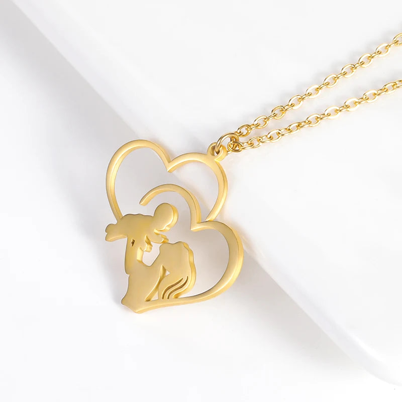 Mom 's Baby Stainless Steel Gold Color Chain Necklace For Women Double Love Heart Necklace Mother's Day Christmas Gift Jewelry