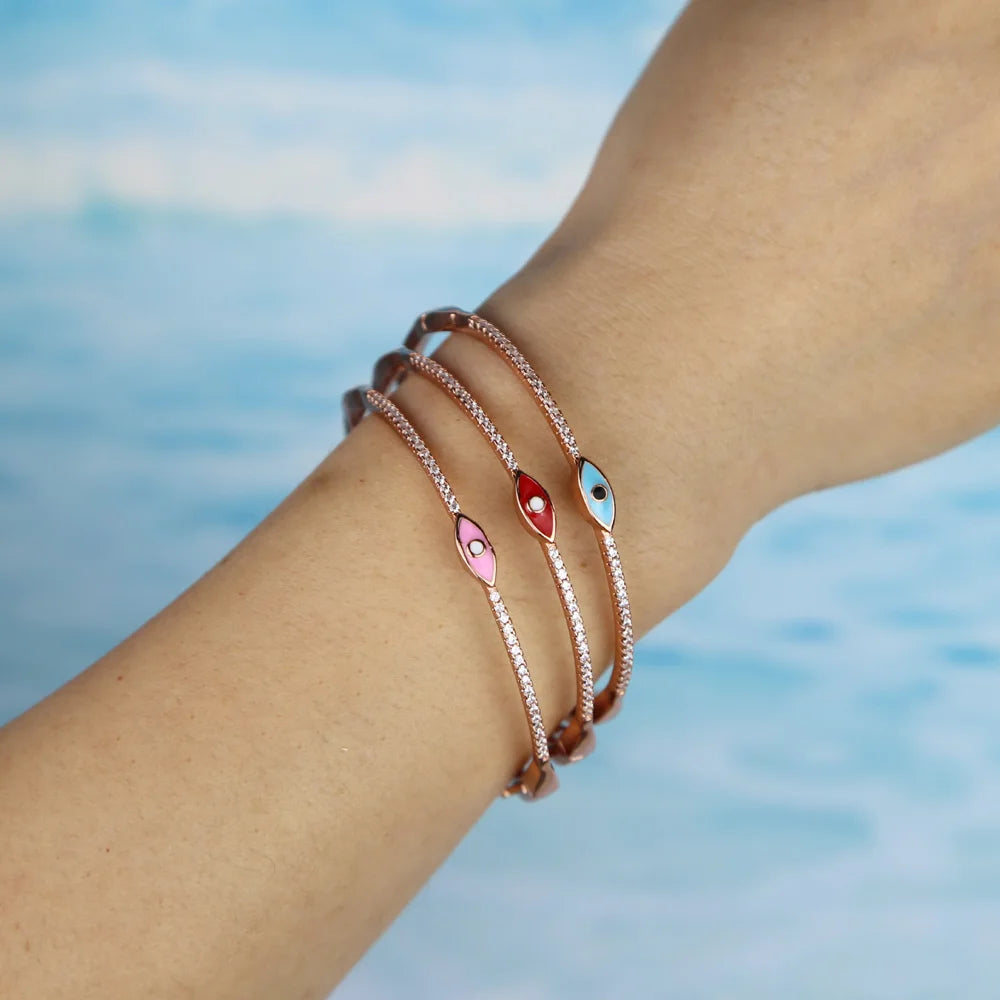 Rose Gold Color Enamel Evil Eye Bangle Bracelet for Women Bohemia Boho Lucky Turkish Evil Eye Jewelry Fashion Wholesal