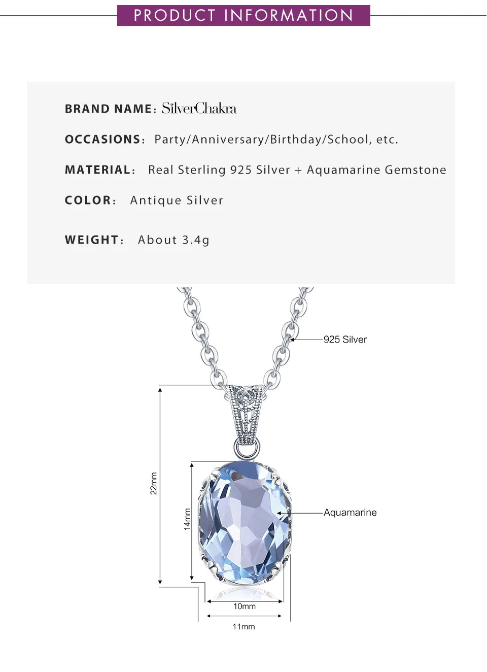 Unique 925 Sterling Silver Necklace Aquamarine Gemstone Pendant Necklaces with Chain for Women Vintage Floral Swan Filigree