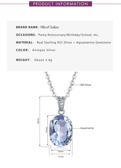 Unique 925 Sterling Silver Necklace Aquamarine Gemstone Pendant Necklaces with Chain for Women Vintage Floral Swan Filigree