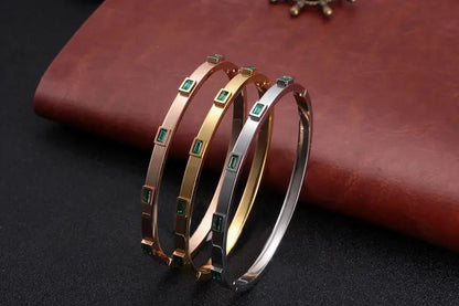 Luxury Open Cuff Bangles Bracelets Crystal Zirconia Rose Gold Color Stainless Steel Bracelet for Women Men  Fashion Jewelry