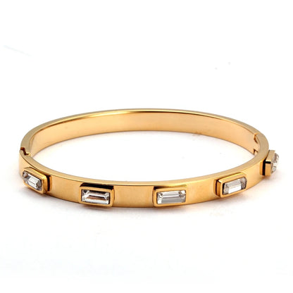 Luxury Open Cuff Bangles Bracelets Crystal Zirconia Rose Gold Color Stainless Steel Bracelet for Women Men  Fashion Jewelry