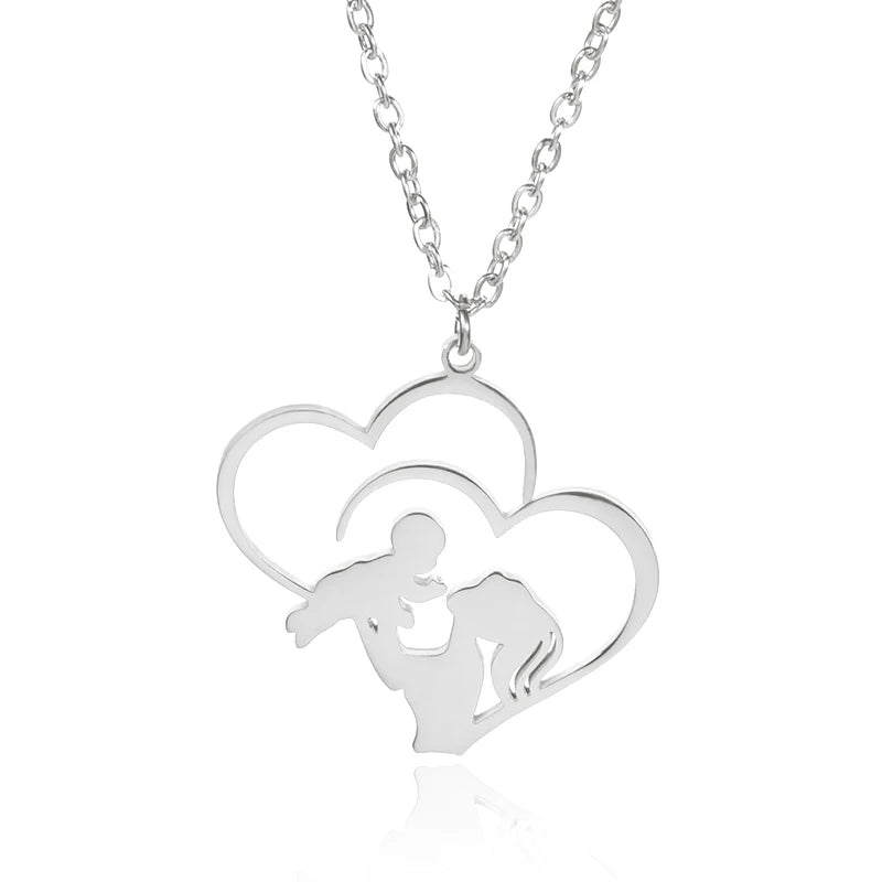 Mom 's Baby Stainless Steel Gold Color Chain Necklace For Women Double Love Heart Necklace Mother's Day Christmas Gift Jewelry