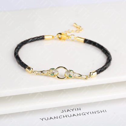 High Quality Zirconia Puppy Snake Elephant Cat Leopard Animal Theme Leather Rope Braided Bracelet for Man Woman Party Jewelry