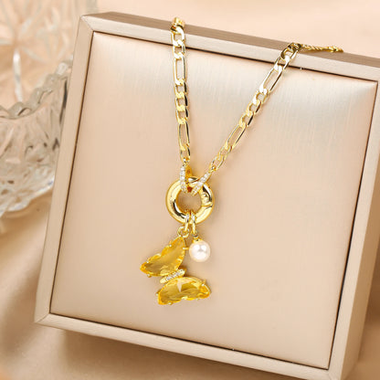 13 Color Cute Insect Butterfly Crystal Pearl Pendant Necklace Luxury for Woman Girl New Fashion Party Aesthetic Jewelry Gift