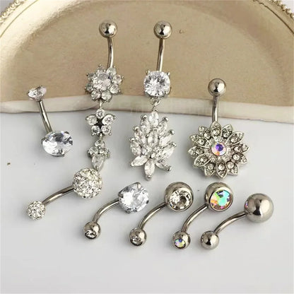 7Pcs Stainless Steel Zircon Navel Ring Set Gift,Vacation Beach Beach Jewelry