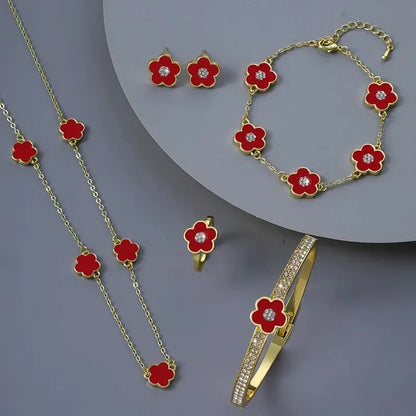 4Pcs High Quality Five Leaf Flower Botanical Jewelry Set Bracelet Necklace Earrings Bnagles Classic for Women Jewelry Clover