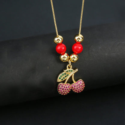 Hot Sale Crystal Red Cherry Pendant Necklace For Woman Gold Plated Fruit Collarbone Chain Fashion Daily Party Jewelry Gift