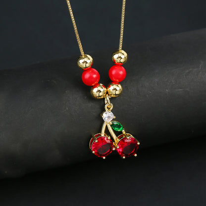 Hot Sale Crystal Red Cherry Pendant Necklace For Woman Gold Plated Fruit Collarbone Chain Fashion Daily Party Jewelry Gift