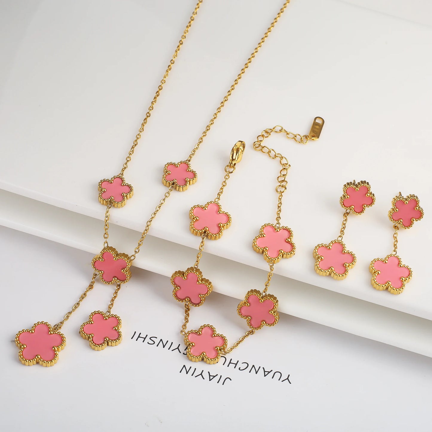 Simple Stainless Steel Laser Plum Blossom Five Leaf Flower Bracelet Necklace Earrings Jewelry Set Women's Party Jewelry Clover