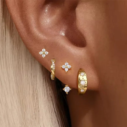 4PCS Fashion Stainless Steel Zirconia Star Huggie Hoop Earrings Set for Women Curious Pendant Flower Ear Stud Piercing Jewelry