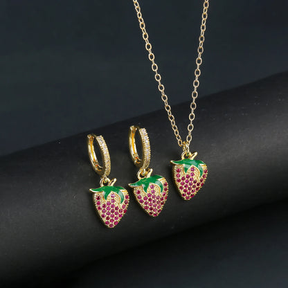 Light Luxury Crystal Zirconia Red Cherry Jewelry Set Earrings Necklace for Women Girls Sweet Jewelry Accessories Party Gifts