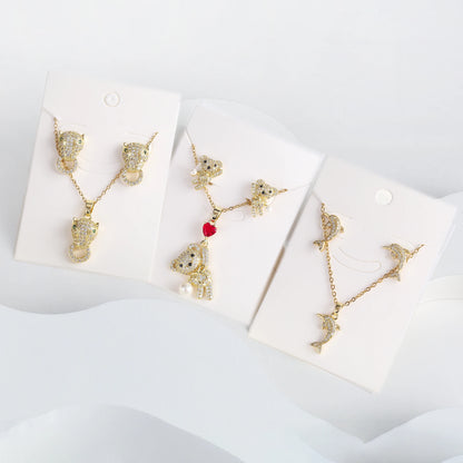 New Cute Zirconia Animal Bear Dolphin Leopard Dog Pendant Necklace Set Girls Anti-Allergy Earrings Holiday Party Gift Wholesale