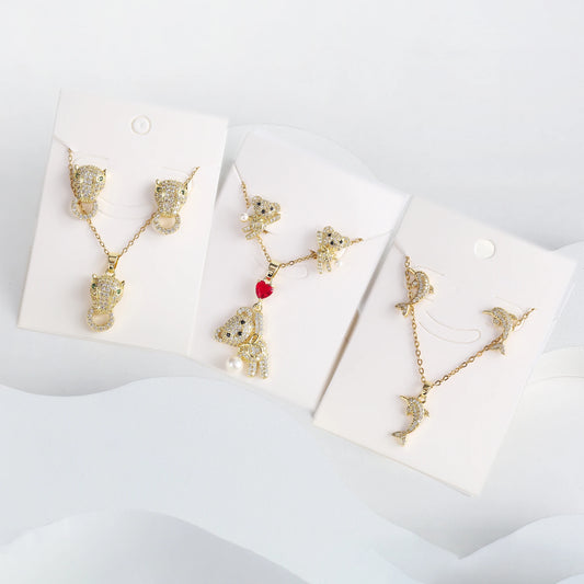 New Cute Zirconia Animal Bear Dolphin Leopard Dog Pendant Necklace Set Girls Anti-Allergy Earrings Holiday Party Gift Wholesale