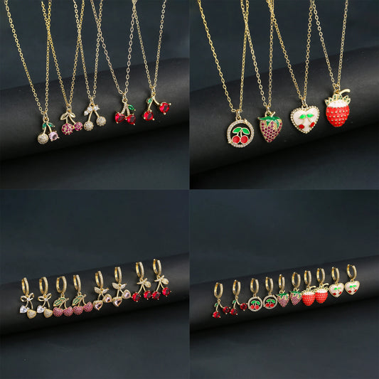 Hot Sale Fruit Cherry Strawberry 2pcs Jewelry Set Earrings Necklace Bracelet Luxury For  Woman Party Wedding Lucky Gift Jewelry