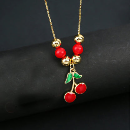 Hot Sale Crystal Red Cherry Pendant Necklace For Woman Gold Plated Fruit Collarbone Chain Fashion Daily Party Jewelry Gift