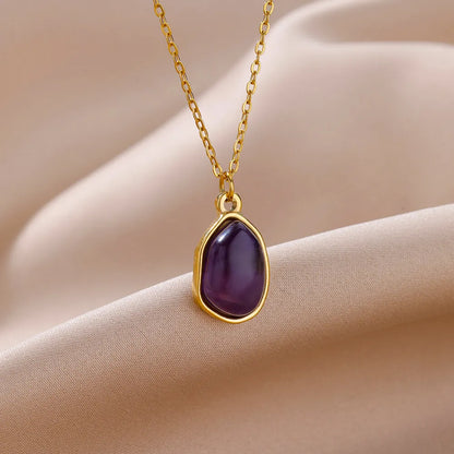 Oval Opal Pendant Necklace For Women Stainless Steel Gold Color Chain Collar Cute Lucky Jewelry Birthday Gift New Free Shipping
