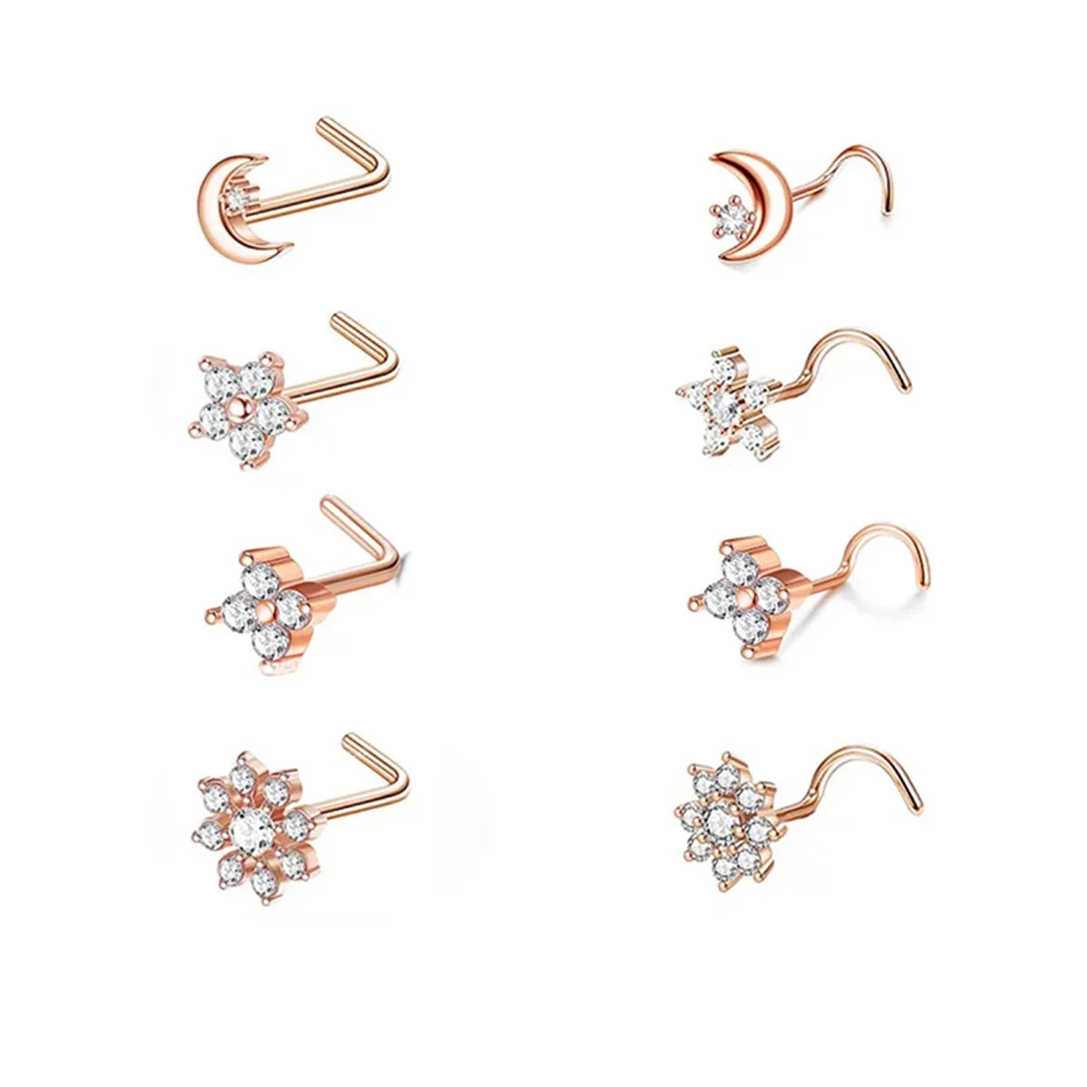 8Pcs 20G Fashion 316L Stainless Steel L Shape Nose Screw,CZ Hypoallergenic Nose Rings Studs Hoop Body Piercing Jewelry