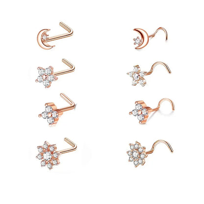 8Pcs 20G Fashion 316L Stainless Steel L Shape Nose Screw,CZ Hypoallergenic Nose Rings Studs Hoop Body Piercing Jewelry