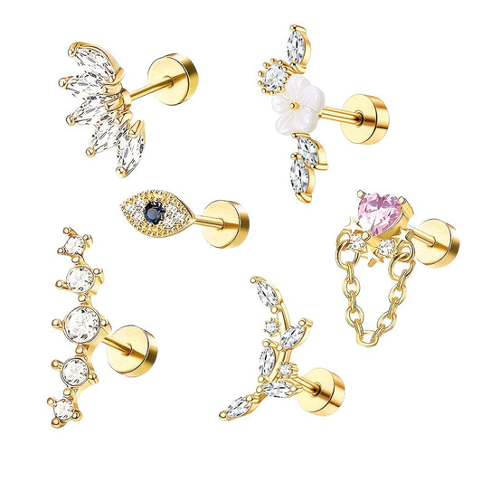 6Pcs 316 Stainless Steel Flat Back Spiral Ear Skull Stud Earrings,Shiny Cubic Zirconia Chain Screw Stud Piercing Jewelry Gifts