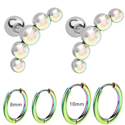 6pcs Fashion Novelty Stainless Steel Cyrstal Tragus Stud Earrings Set,Helix Cartilage Huggie Hoops Circle Ear Piercing Jewelry