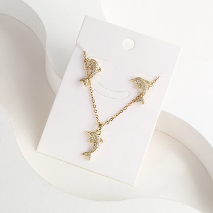 New Cute Zirconia Animal Bear Dolphin Leopard Dog Pendant Necklace Set Girls Anti-Allergy Earrings Holiday Party Gift Wholesale
