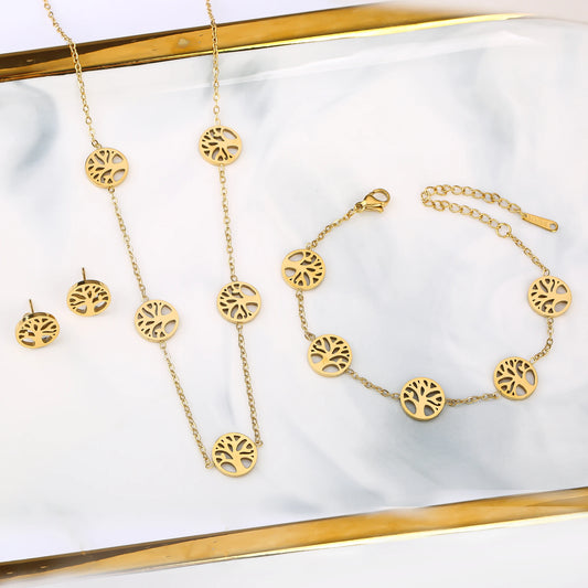 Top Quality Gold Plated Stainless Steel Tree Of Life Necklace Earrings Bracelet 3 Pcs Jewelry Set For Woman Girl Party Jewelry