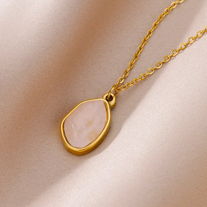 Oval Opal Pendant Necklace For Women Stainless Steel Gold Color Chain Collar Cute Lucky Jewelry Birthday Gift New Free Shipping