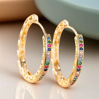 Rainbow Zircon Multicolor Stone Round Hoop Earrings For Women Gold Color Ear Buckle Daily Wedding Party Jewelry Mothers Day Gift