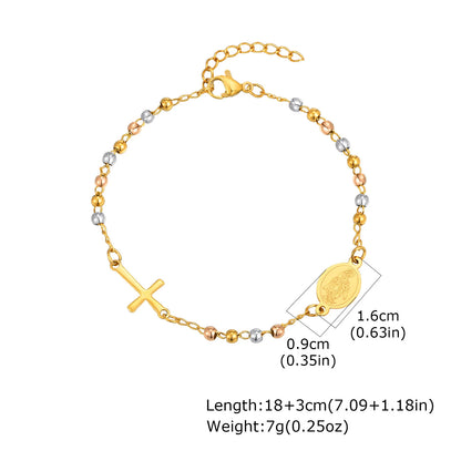 Vnox Stainless Steel Beaded Virgin Mary Bracelet,Charm Rosary Cross Chain Bracelet For Women,Religion Christ Three Color Jewelry