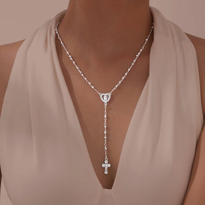 Zirconia Heart Virgin Mary Rosary Bead Cross Necklace for Women, Long Chain Cross Pendant Christian Catholic Religious Jewelry