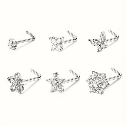 6Pcs 20G 316 Stainless Steel Elegant Screw Nose Rings for Women,Shiny Cubic Zirconia - L-shaped L Shape Nose Piercings Jewelry