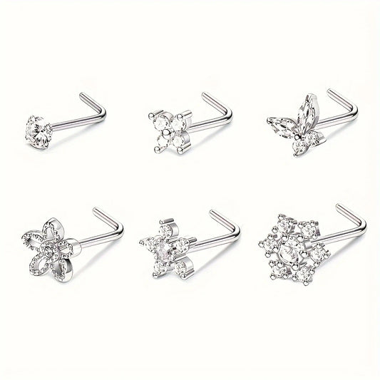 6Pcs 20G 316 Stainless Steel Elegant Screw Nose Rings for Women,Shiny Cubic Zirconia - L-shaped L Shape Nose Piercings Jewelry
