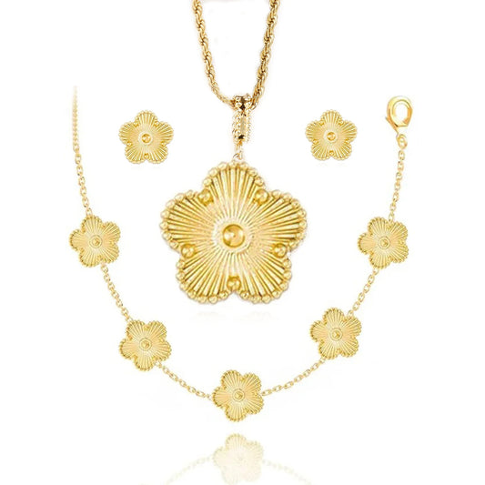 Hot Sale Stainless Steel Luxury Five Leaf Flower Necklace Earrings Bracelet Jewelry Set for Woman Party Flower Jewelry Clover