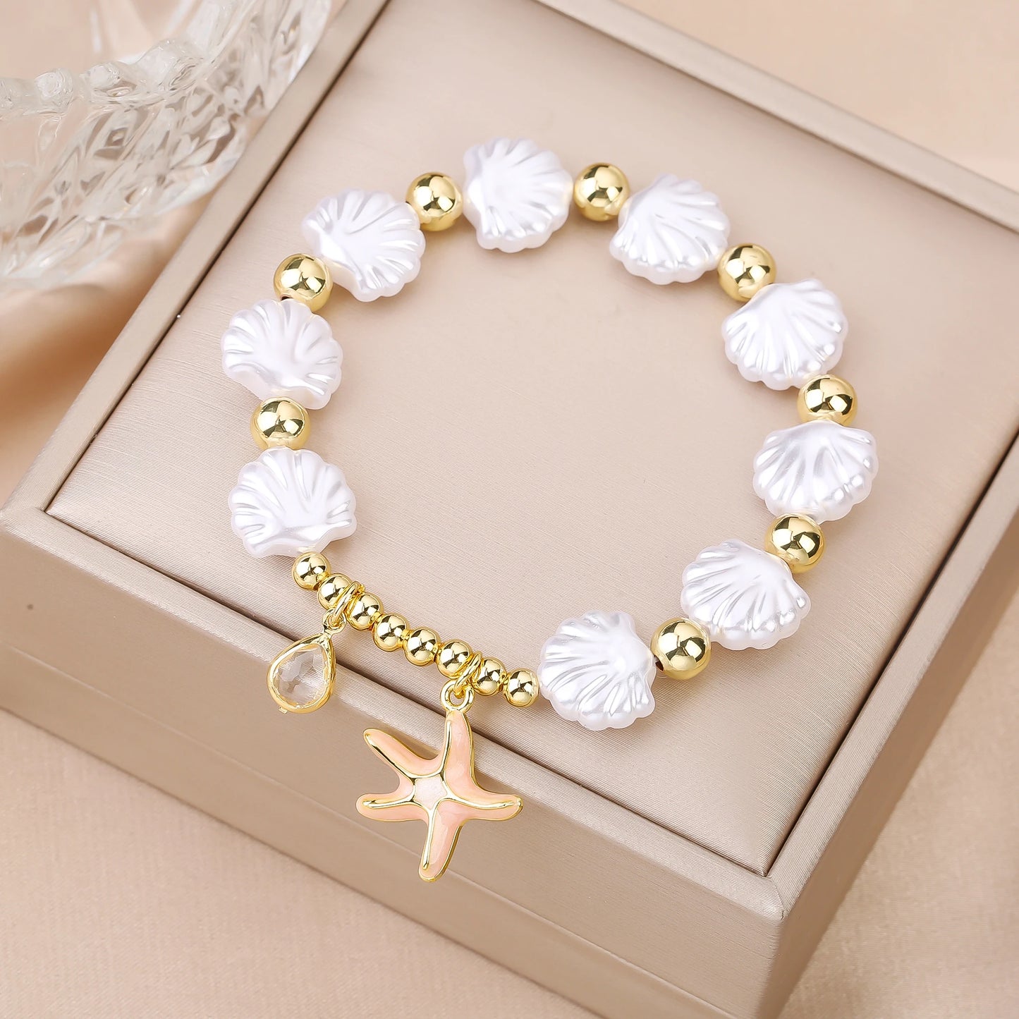 Hot Sale White Shell Woven Starfish Pendant Gold Plated Copper Bead Bracelet Luxury for Woman Girl New Trend Party Jewelry
