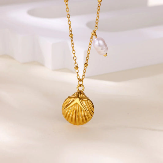 Free Shipping Vintage Imitation Pearl Shell Necklaces For Women Stainless Steel Geometric Chain Pendant Necklace Luxury Jewelry