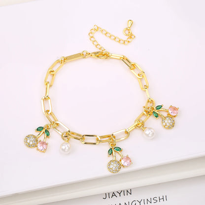 17 Colors Gold Plated Fruit Cherry Crystal Zirconia Adjustable Pearl Bracelet Luxury for Women Girls Casual Daily Party Jewelry