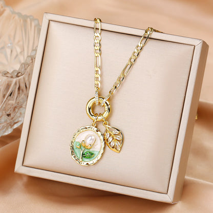 Hot Sale Metal Oil Drop Ocean Series Flower Pearl Leaf Pendant Necklace Charming For Woman Girl Casual Vacation Jewelry Gift