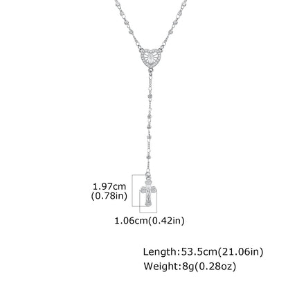 Zirconia Heart Virgin Mary Rosary Bead Cross Necklace for Women, Long Chain Cross Pendant Christian Catholic Religious Jewelry
