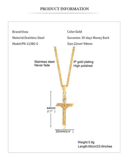 Vnox Cross Necklace for Men Women,Catholicism Jesus Pendant,Gold Color Stainless Steel Unisex Collar,Church Prayer Faith Jewelry