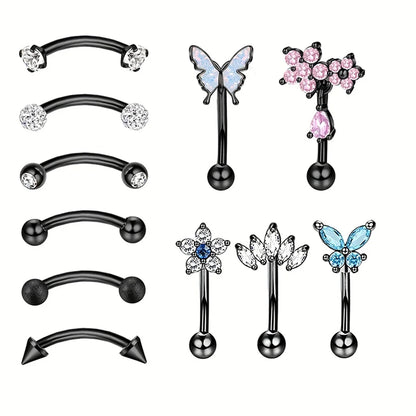 11Pcs 16G Colorful Butterfly Shape Curved Barbell Eyebrow Ring, Belly Lip Ring Inlaid Shiny Zircon Bling Bling Piercing Jewelry