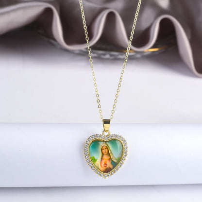Fine Trendy Heart Shape Religious Figure Virgin Mary Pendant Necklace Fine Holiday Party Catholic Jewelry Gift Wholesale