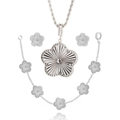 Hot Sale Stainless Steel Luxury Five Leaf Flower Necklace Earrings Bracelet Jewelry Set for Woman Party Flower Jewelry Clover