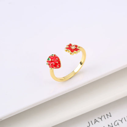 New Creative Copper Oil Drop Red Strawberry Zirconia Ring Charm For Woman Girl Vacation Casual Jewelry Accessories Adjustable