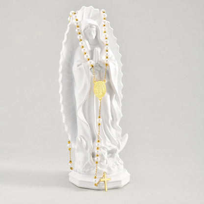 Imitation Pearl Beaded Chain Holy Virgin Mary Y-Shaped Necklace, Stainless Steel Cross Pendant Necklace,Religious Prayer Jewelry